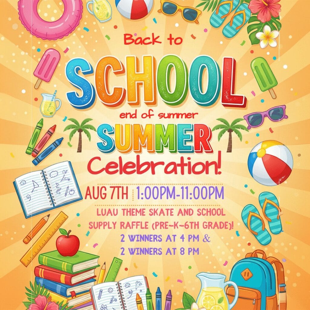 Colorful "Back to School End of Summer Celebration" flyer with a bright summer-themed background featuring beach balls, sunglasses, flip-flops, popsicles, palm trees, school supplies, and confetti. Event details announce August 7th from 1:00 PM–11:00 PM with a Luau Theme Skate and a School Supply Raffle for Pre-K through 6th Grade. Four winners will be selected—two at 4:00 PM and two at 8:00 PM.