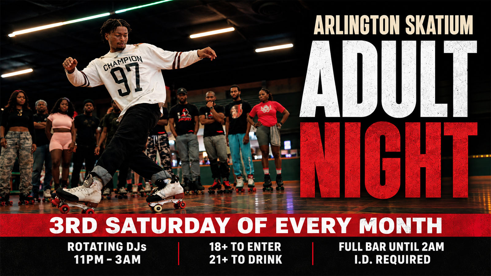 adult-night-header-arlington-skatium_1600x900 Roller skater performing a dance move at Arlington Skatium Adult Night in Arlington, TX, held every third Saturday with live DJs and an 18+ crowd.