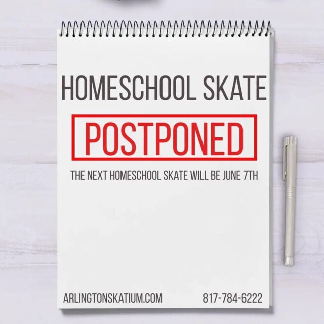Unfortunately we have to cancel the Homeschool Skate that was scheduled on Friday May 3rd, but the next Homeschool Skate will be on Friday June 7th from 12pm-3pm.